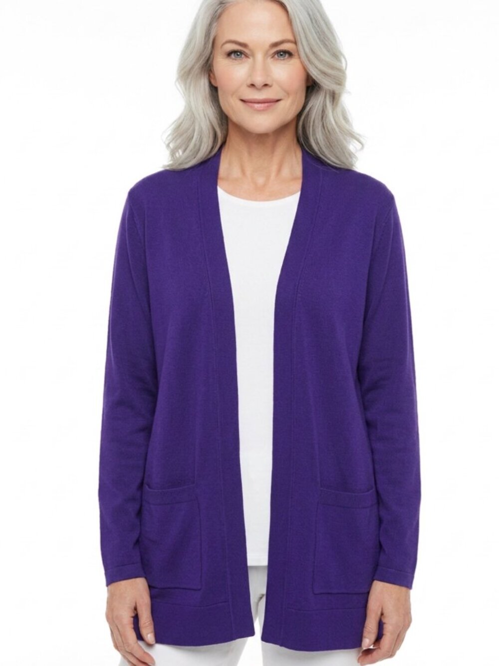 Exclusively Misook Purple Open Front Crepe Pockets Cardigan
